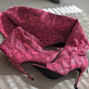 Pink Animal Print Open-Toe Knee-High Boots – Size 9 – Like New